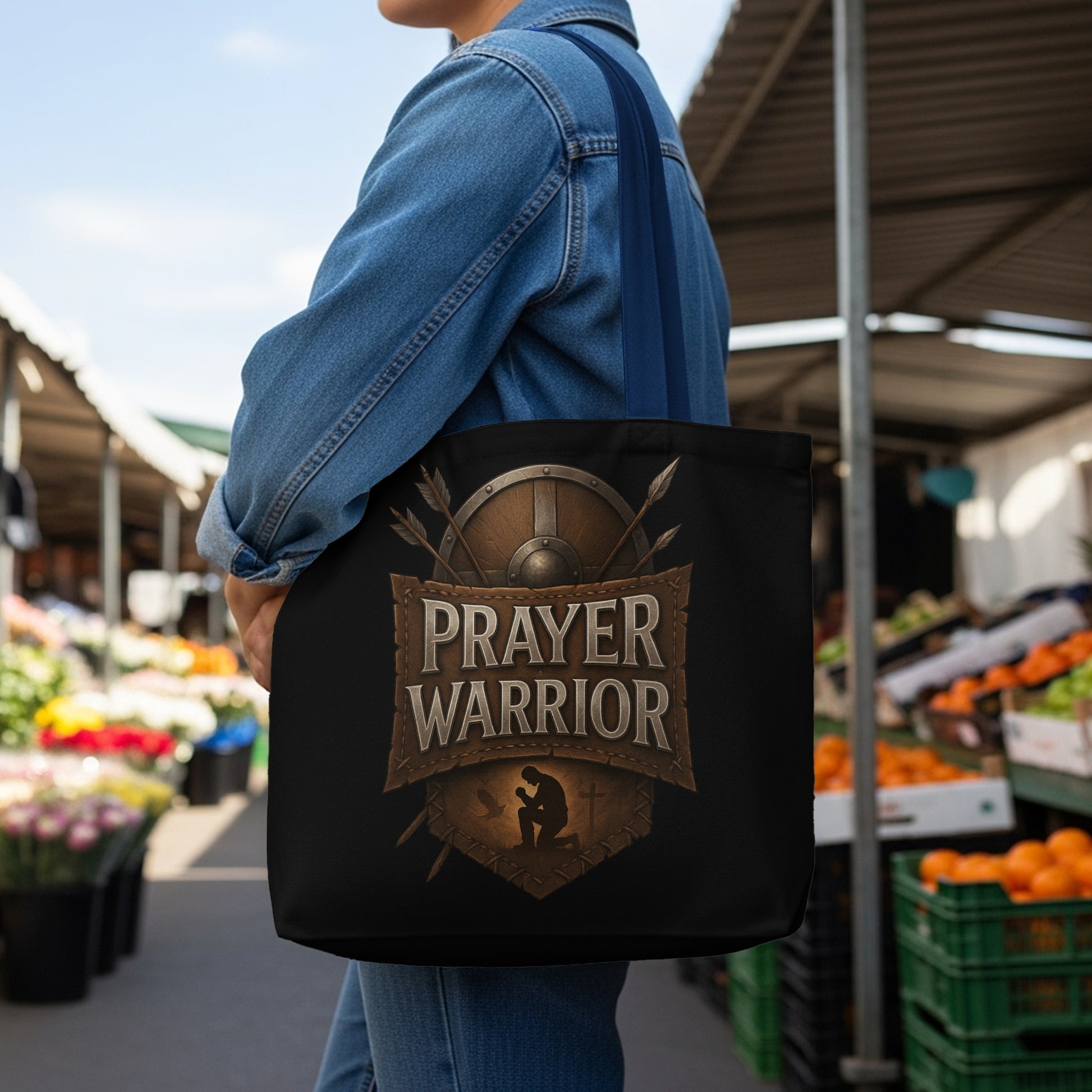 Black tote bag with "Prayer Warrior" text and praying figure emblem.