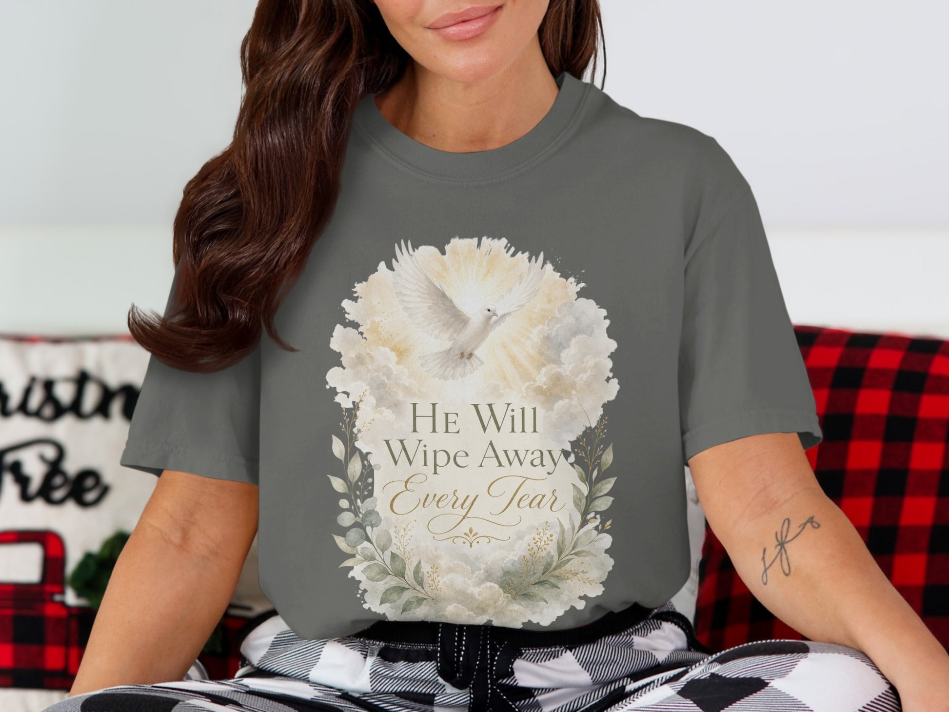 Grey t-shirt with dove and text "He Will Wipe Away Every Tear".