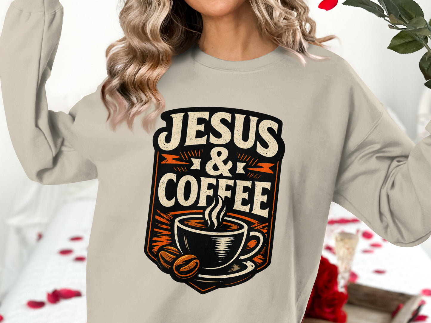 Crewneck sweatshirt with "Jesus & Coffee" graphic, featuring a coffee cup and beans.