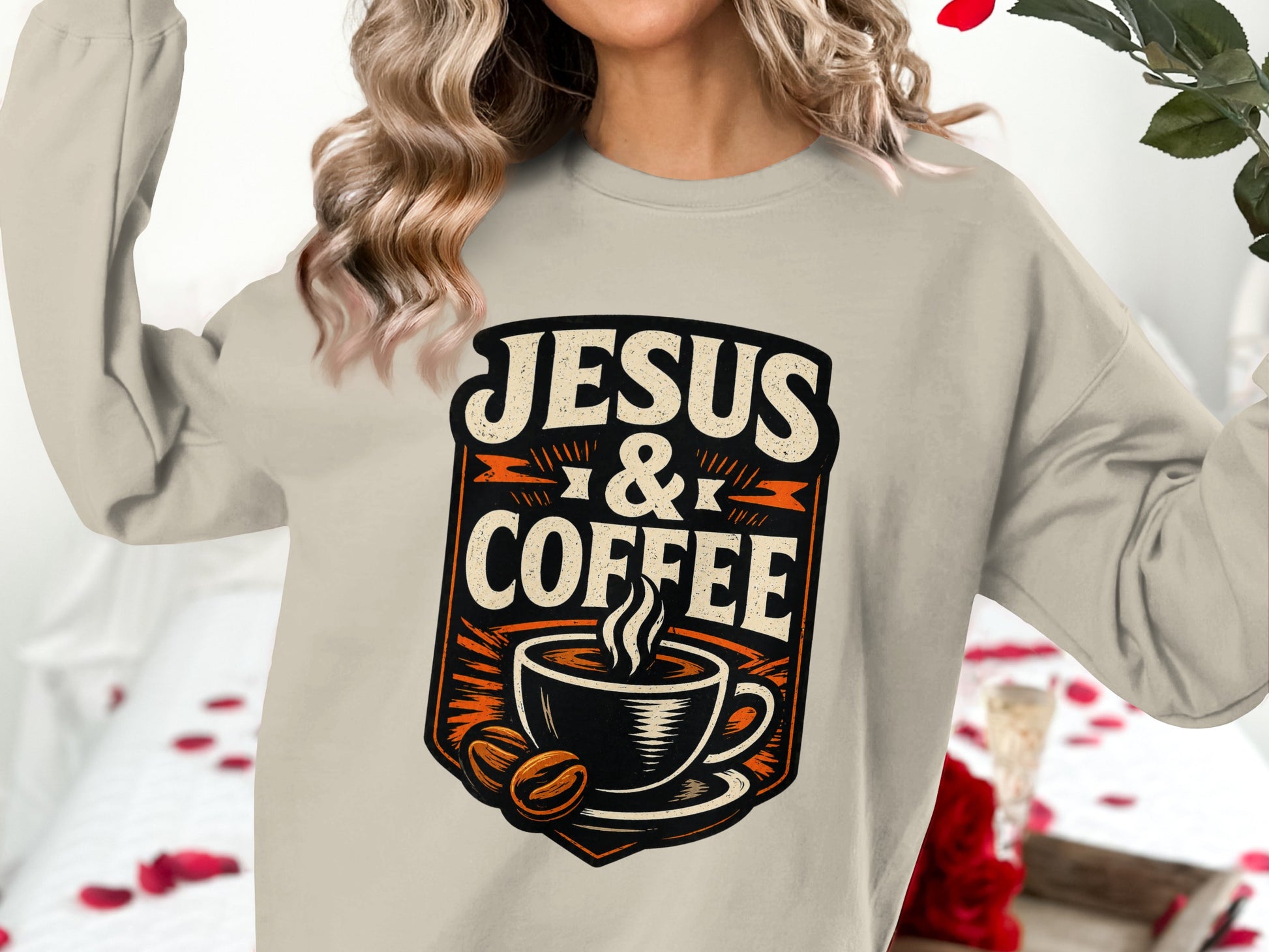 Crewneck sweatshirt with "Jesus & Coffee" graphic, featuring a coffee cup and beans.