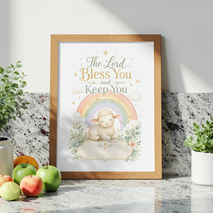 Framed art with lamb, rainbow, and text "The Lord Bless You and Keep You".