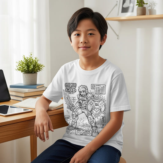 Boy in t-shirt with "Armor of God" video game design.