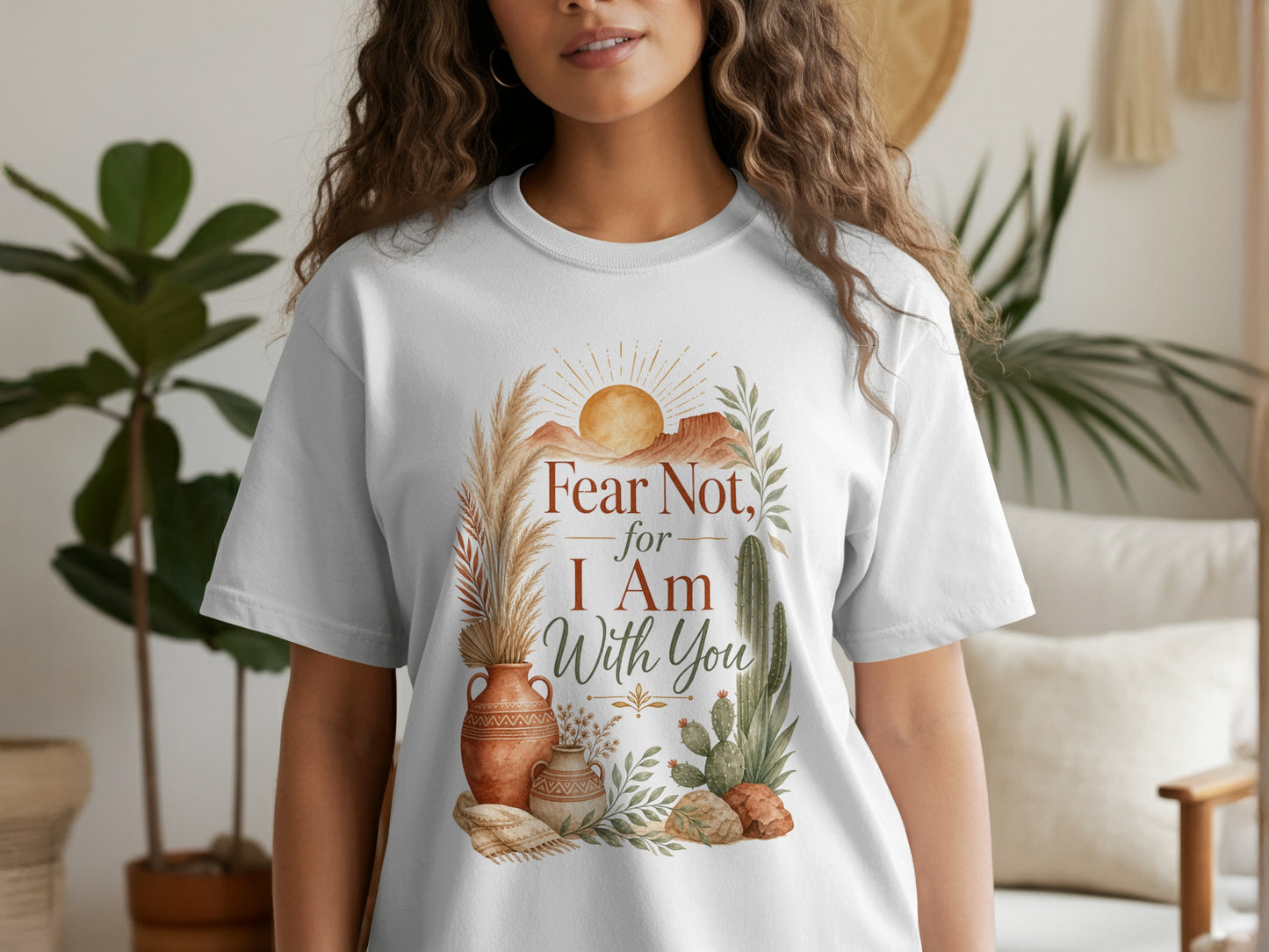 White t-shirt with desert scene and text "Fear Not, for I Am With You."
