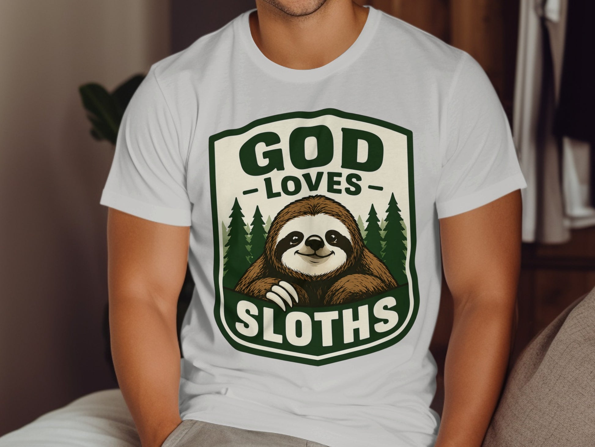 T-shirt with "God Loves Sloths" text and a sloth illustration.