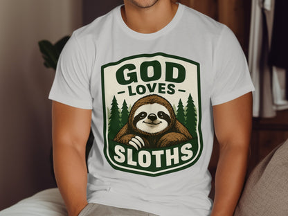 T-shirt with "God Loves Sloths" text and a sloth illustration.