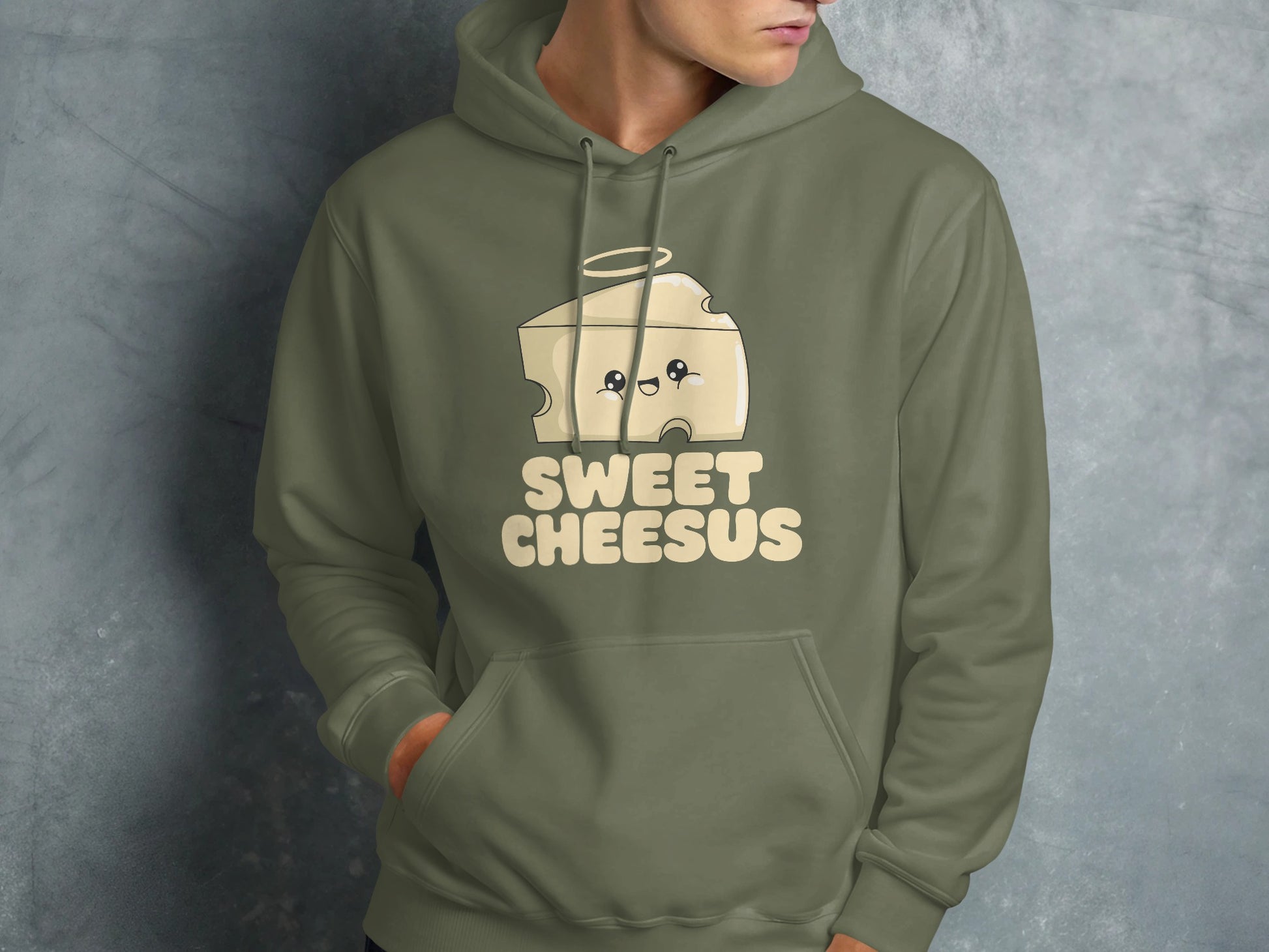 Green hoodie with "SWEET CHEESUS" text and a cute cheese slice cartoon.