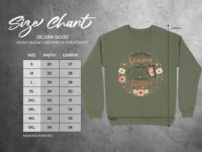 Gildan 18000 sweatshirt size chart with measurements for width and length.