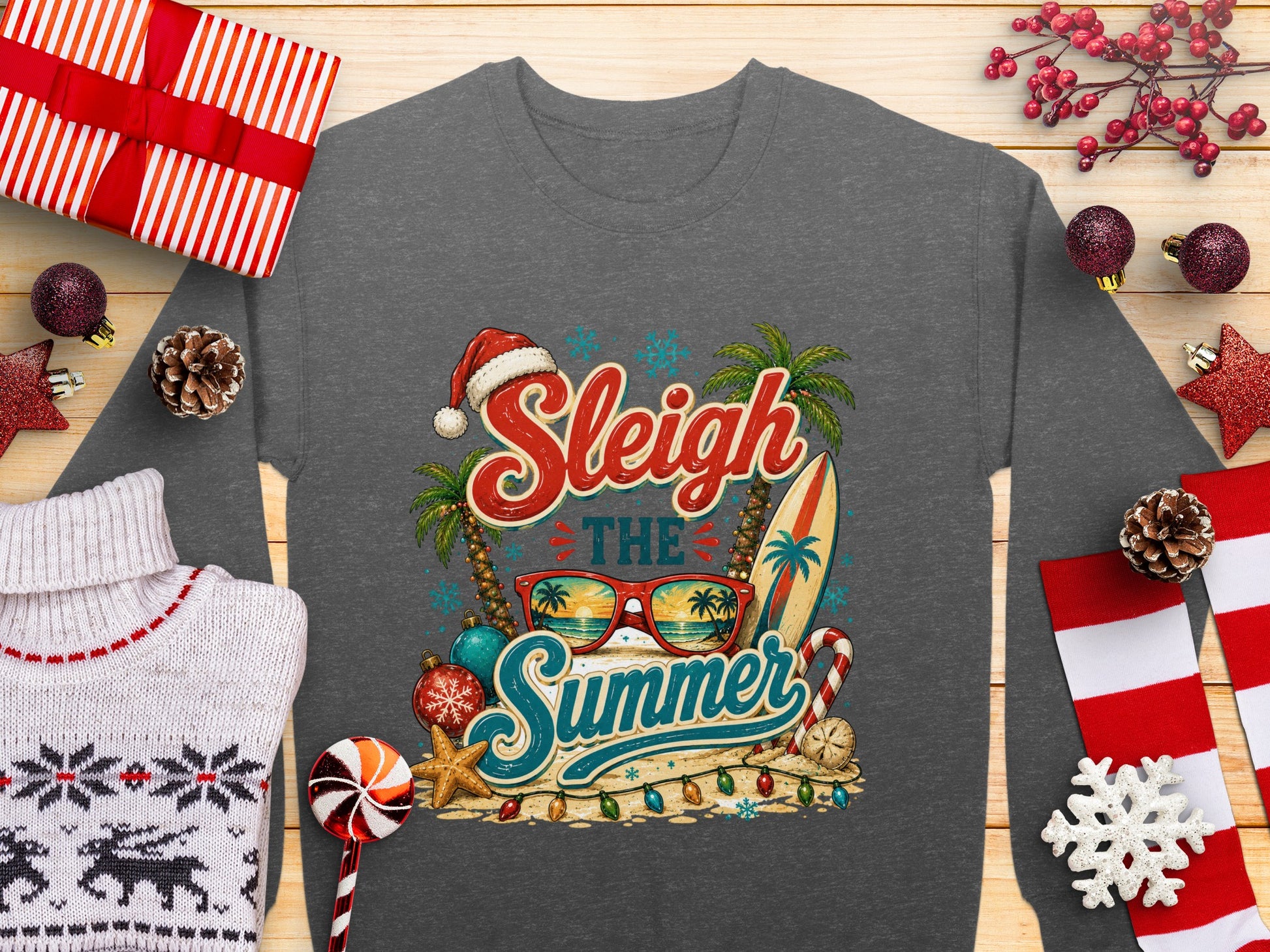 Sleigh the Summer graphic with Santa hat, sunglasses, palm trees, and beach items.