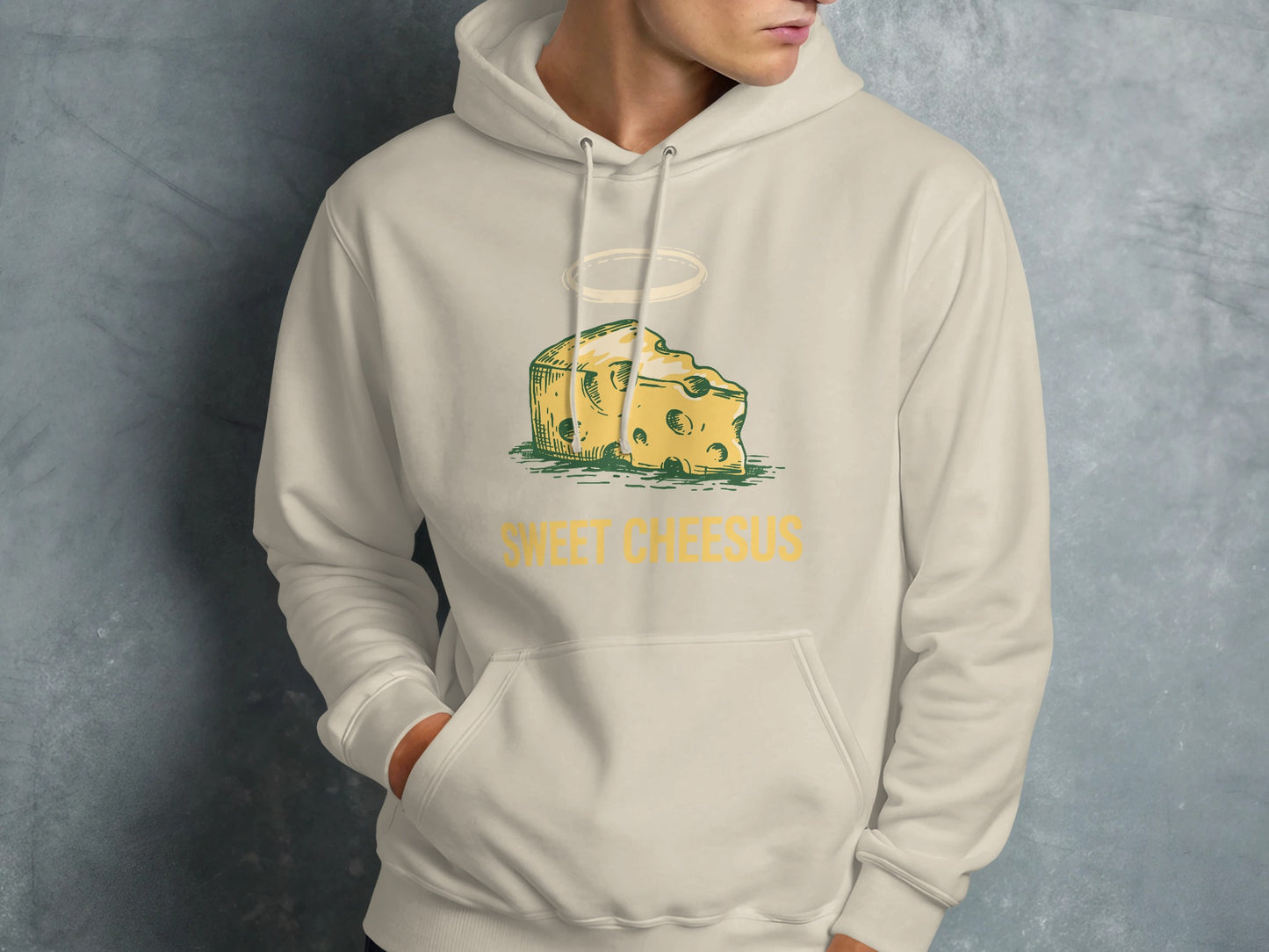 Cream hoodie with "Sweet Chesesus" text and a cartoon cheese wedge.