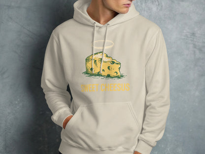 Cream hoodie with "Sweet Chesesus" text and a cartoon cheese wedge.