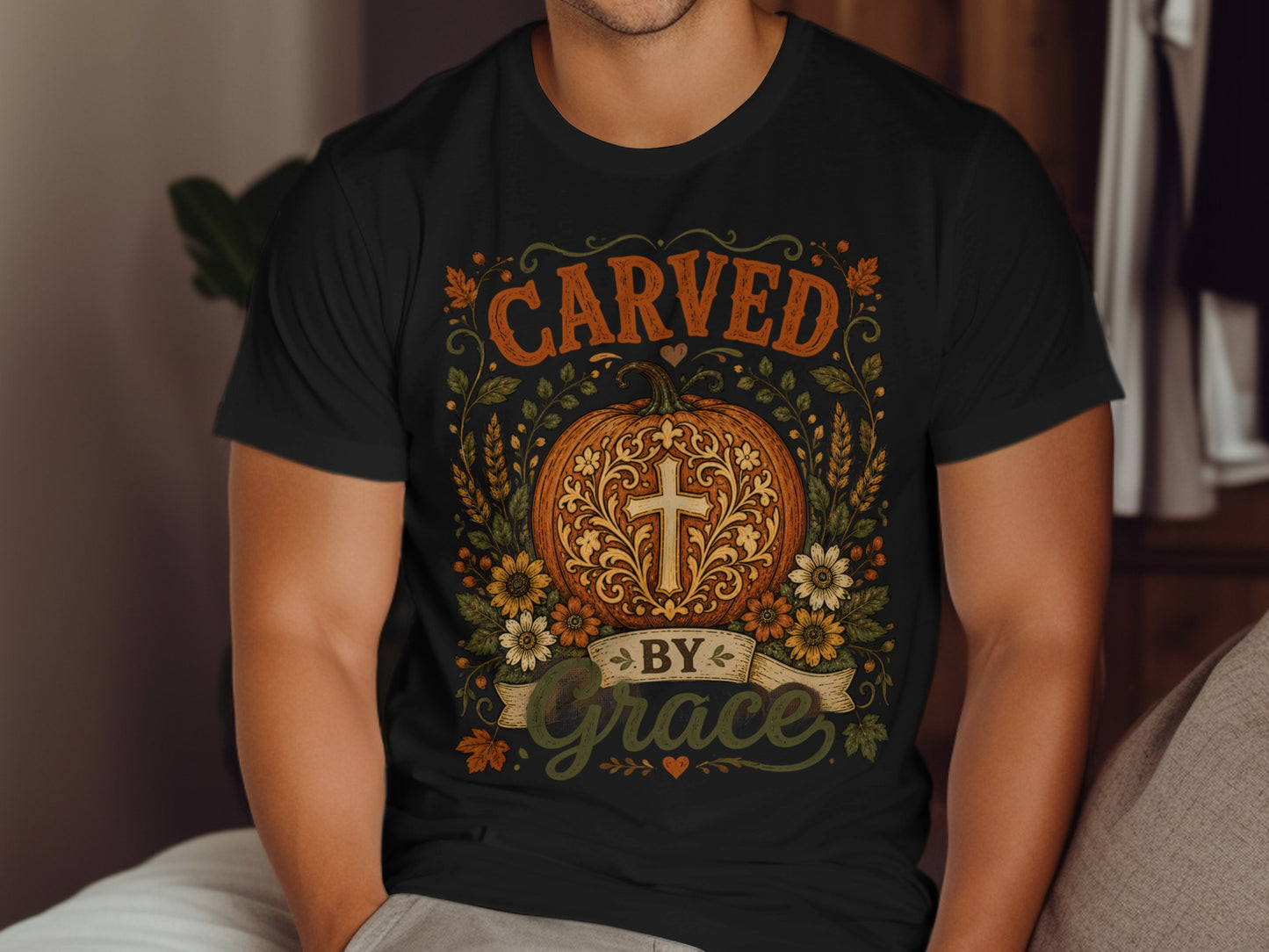 Black t-shirt with pumpkin, cross, and "Carved by Grace" text.