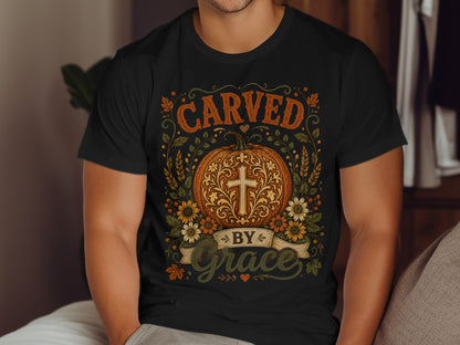 Black t-shirt with pumpkin, cross, and "Carved by Grace" text.