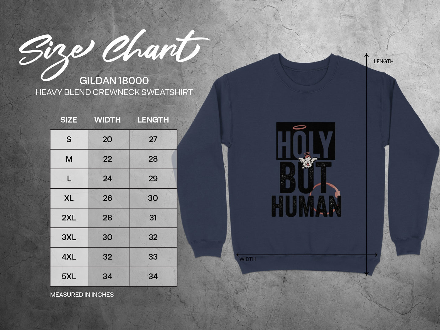 Size chart for Gildan 18000 sweatshirt with measurements and sweatshirt graphic.