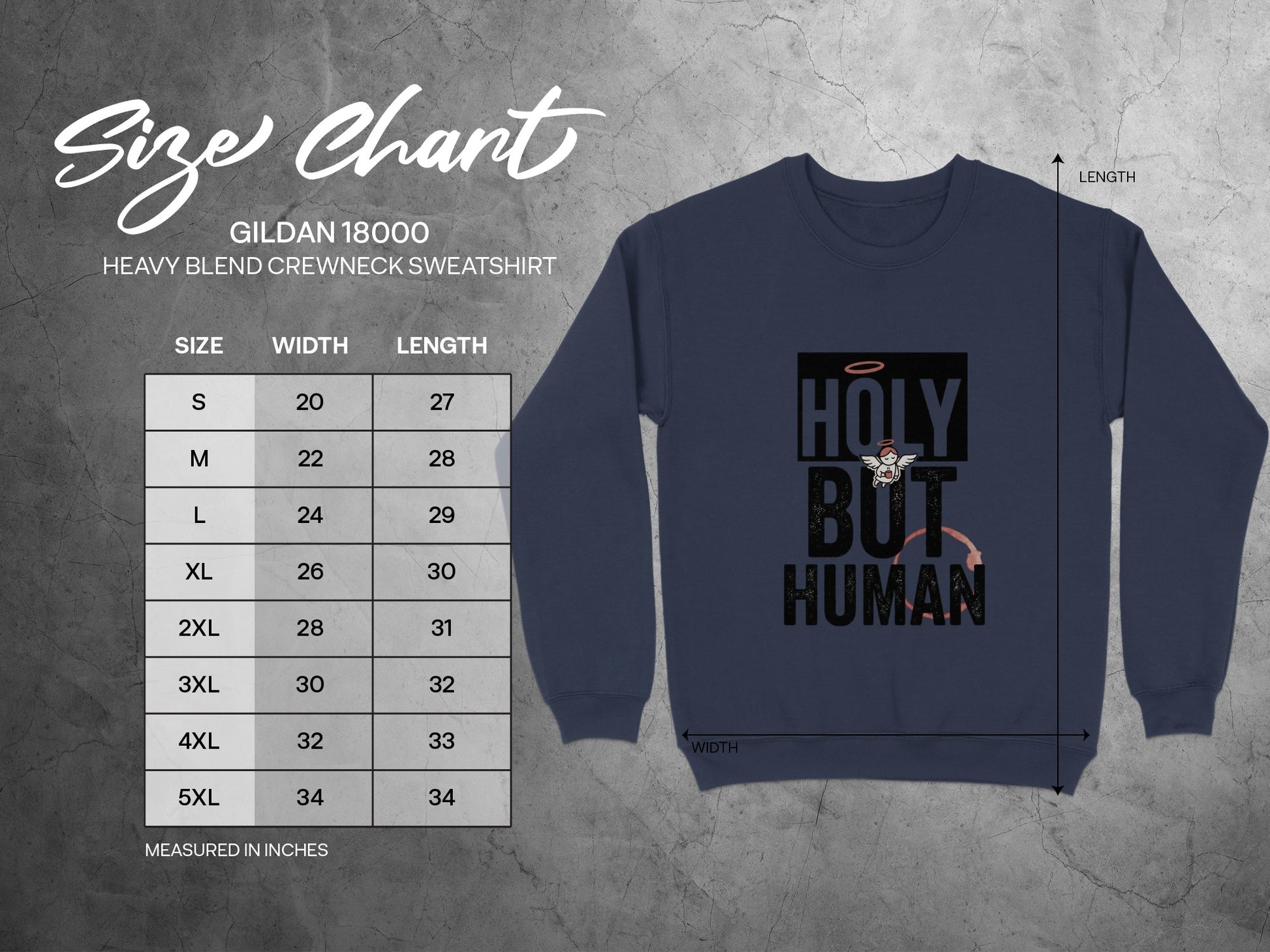 Size chart for Gildan 18000 sweatshirt with measurements and sweatshirt graphic.