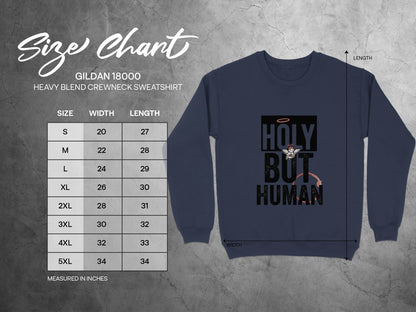 Size chart for Gildan 18000 sweatshirt with measurements and sweatshirt graphic.