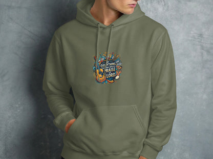 Hoodie with colorful music and praise lord graphic on chest.