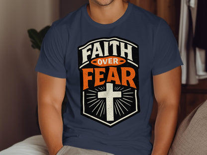 Dark blue t-shirt with "Faith Over Fear" and a white cross graphic.