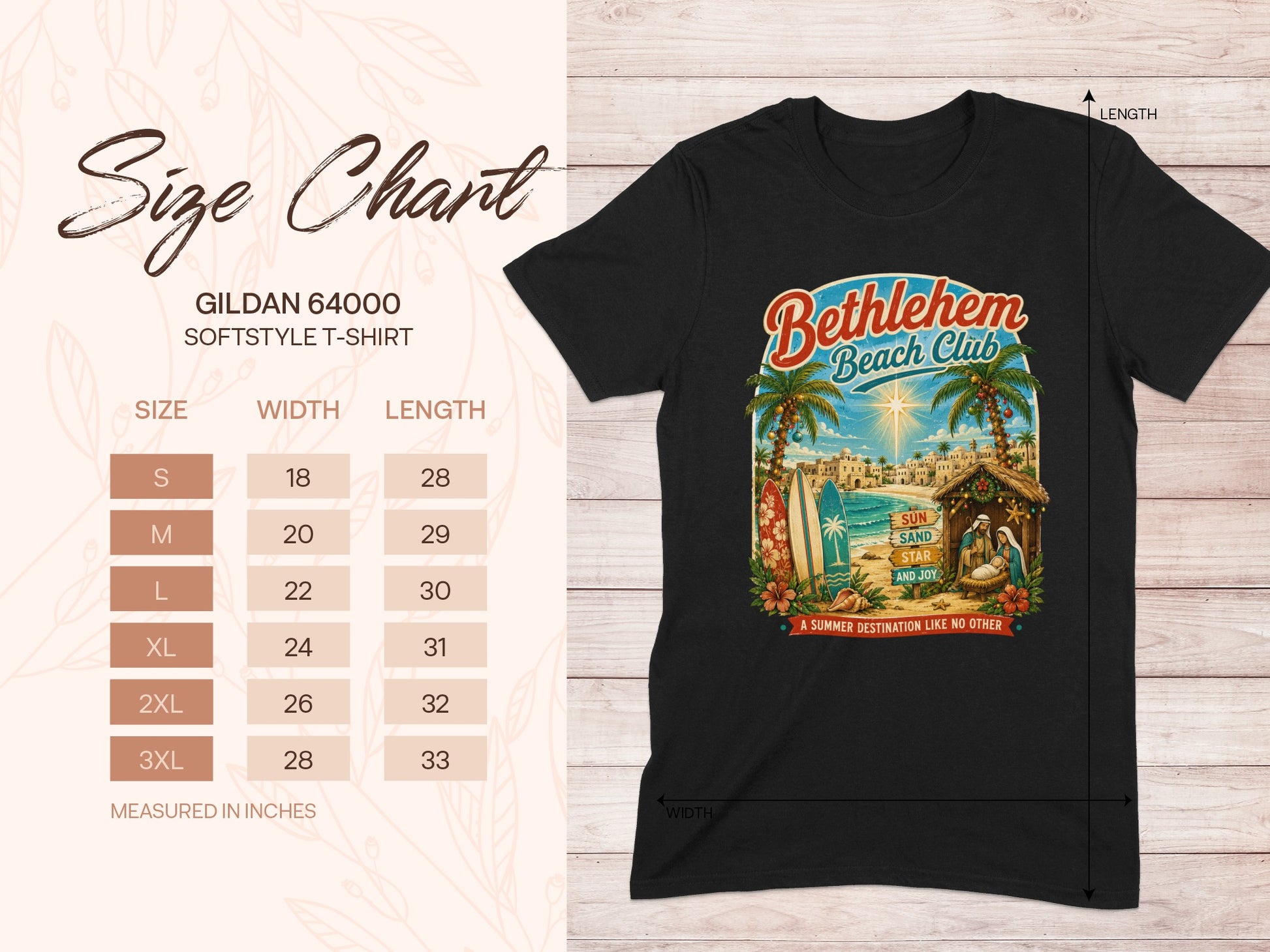 Gildan 64000 size chart for a t-shirt with a beach graphic.