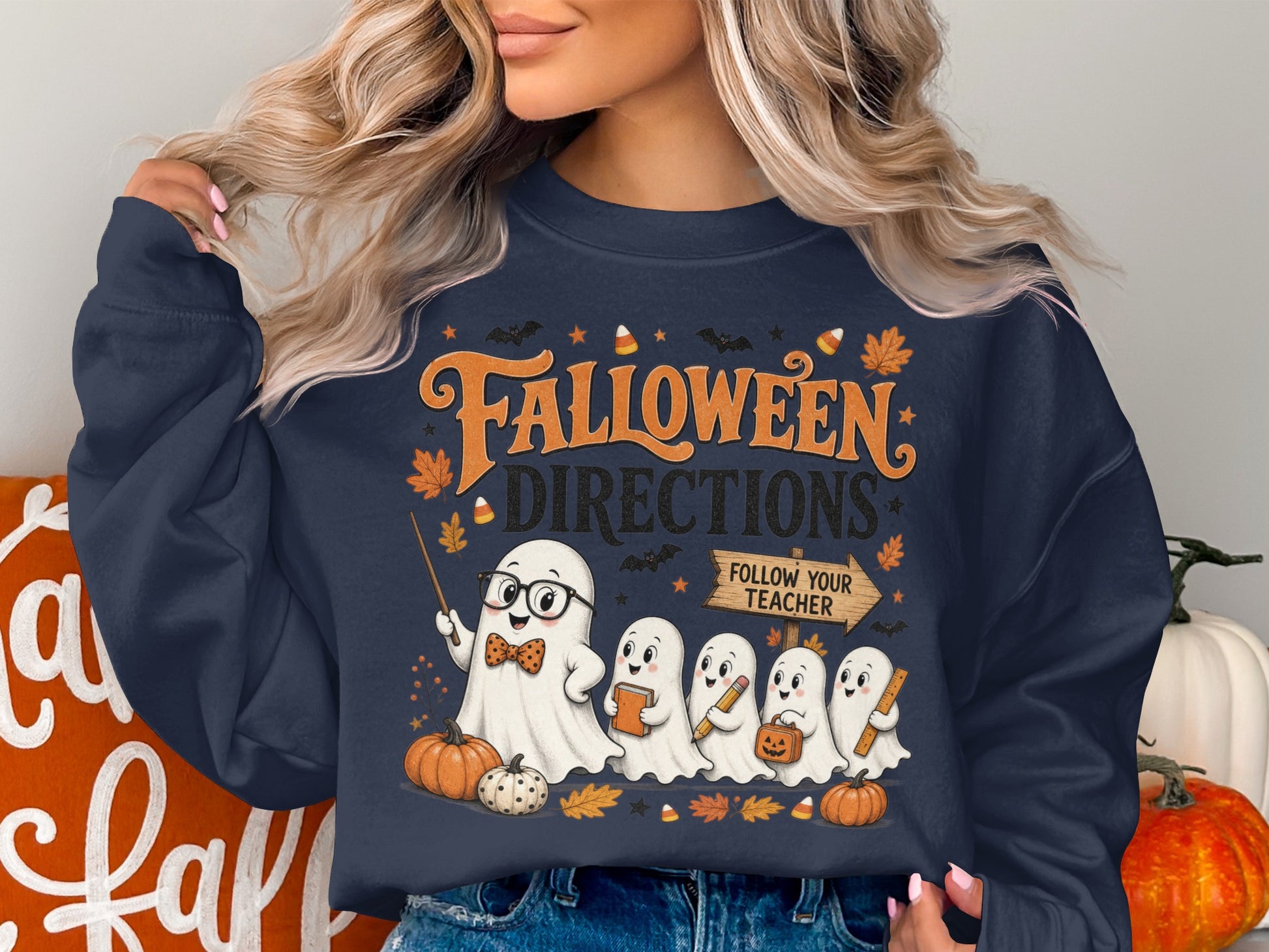 Halloween graphic with ghosts, pumpkins, leaves, and text "Falloween Directions Follow Your Teacher".