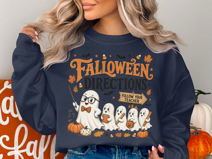 Halloween graphic with ghosts, pumpkins, leaves, and text "Falloween Directions Follow Your Teacher".
