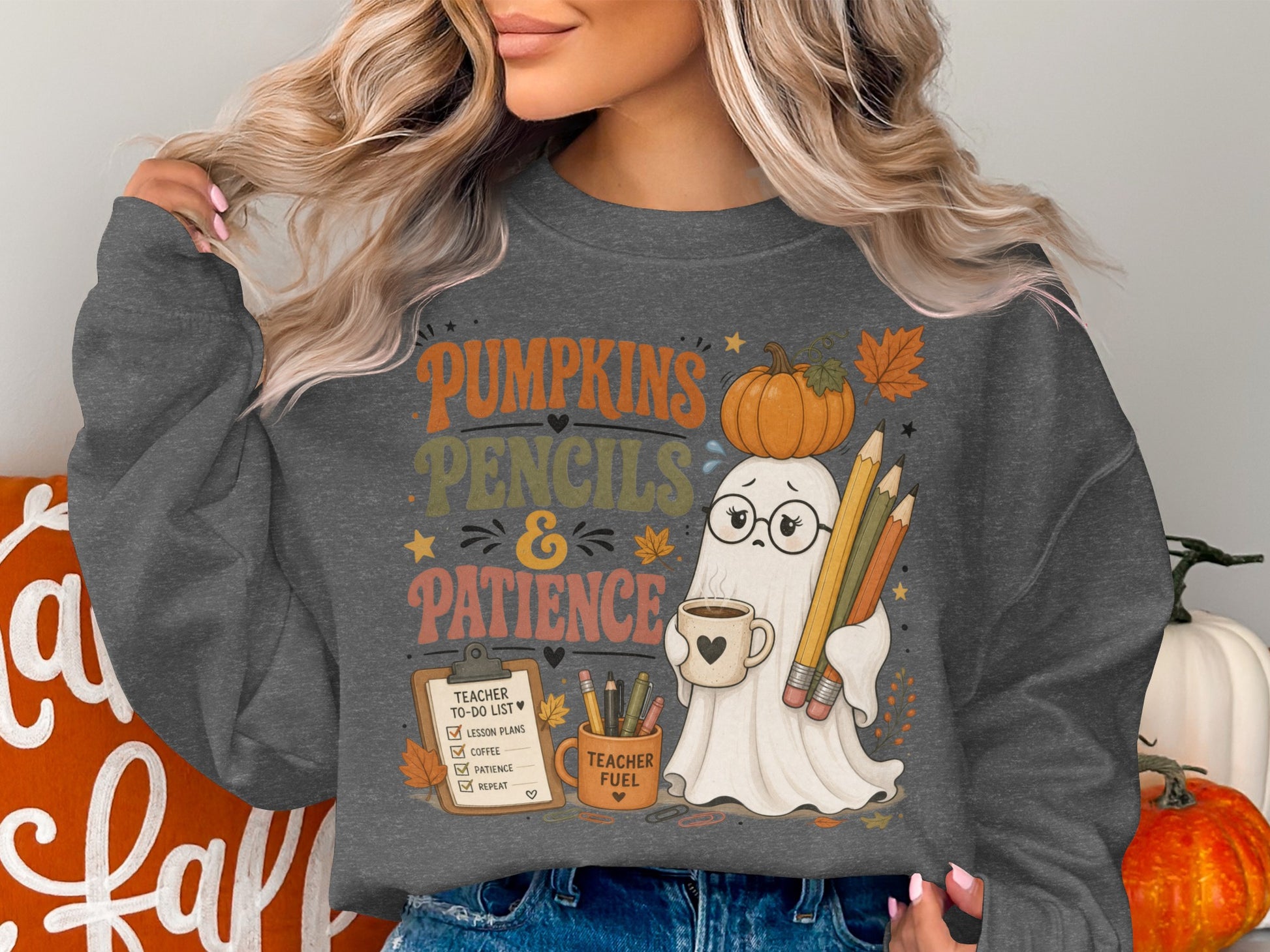 Ghost with pumpkin on head and pencils, holding coffee, with text "Pumpkins Pencils & Patience".