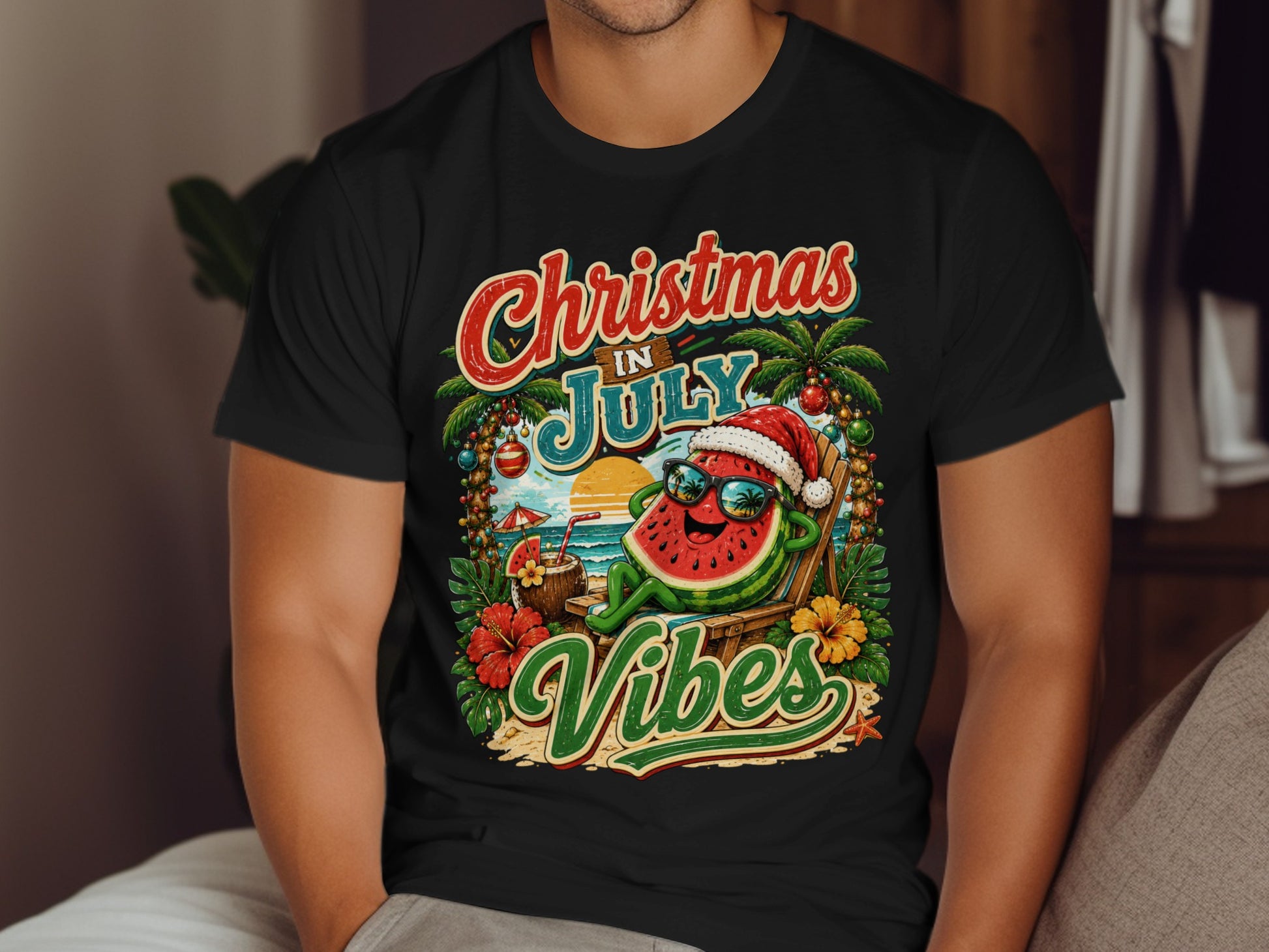 Watermelon wearing Santa hat on beach chair with "Christmas in July Vibes" text.