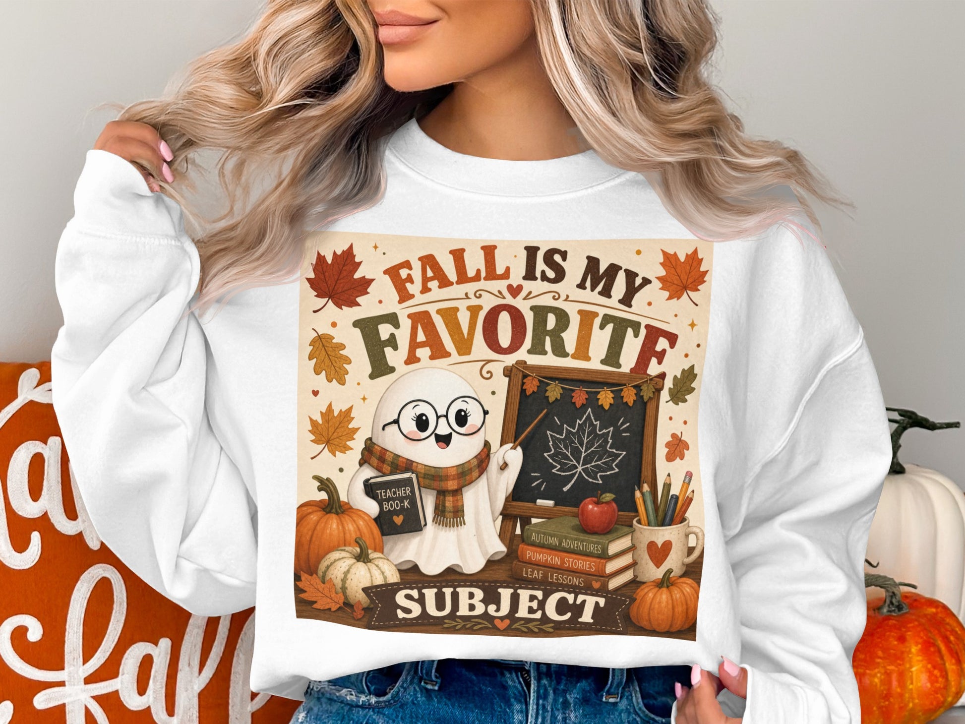 Ghost teacher at a chalkboard says "Fall is my favorite subject."