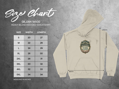 Gildan 18500 size chart for hooded sweatshirt with Hebrews 13:8 graphic.