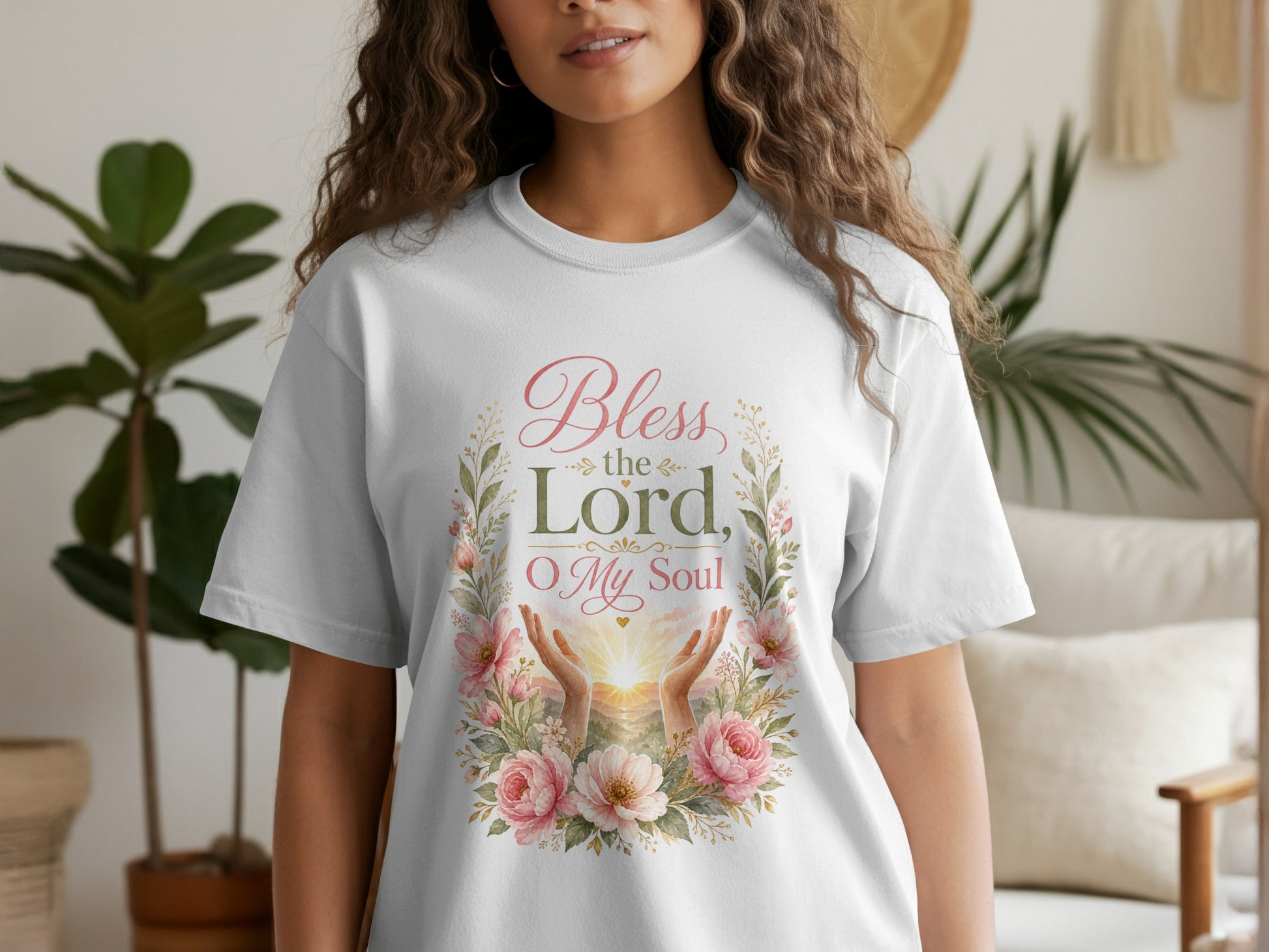 White t-shirt with "Bless the Lord, O My Soul" text and floral design.