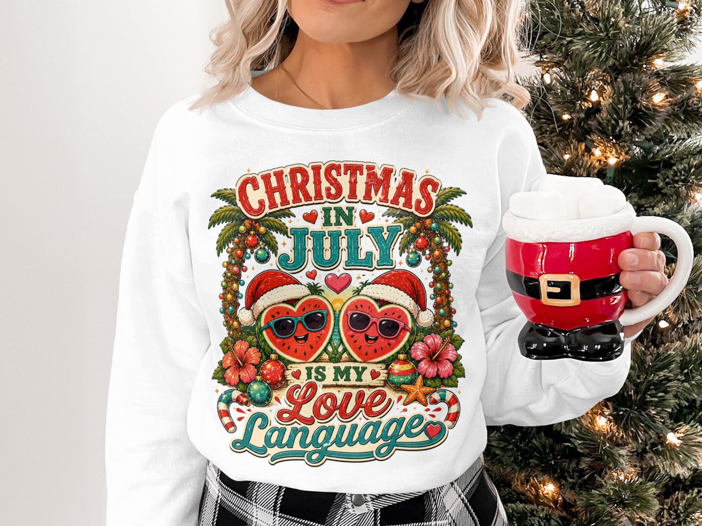 Sweatshirt with "Christmas in July" text and two heart characters wearing sunglasses.