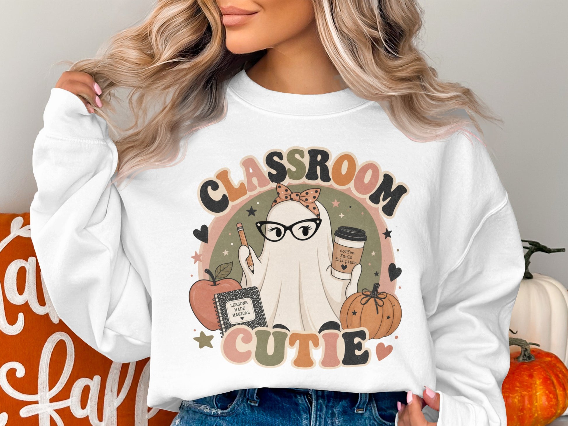 Classroom Cutie ghost with coffee, apple, pumpkin, and notebook.