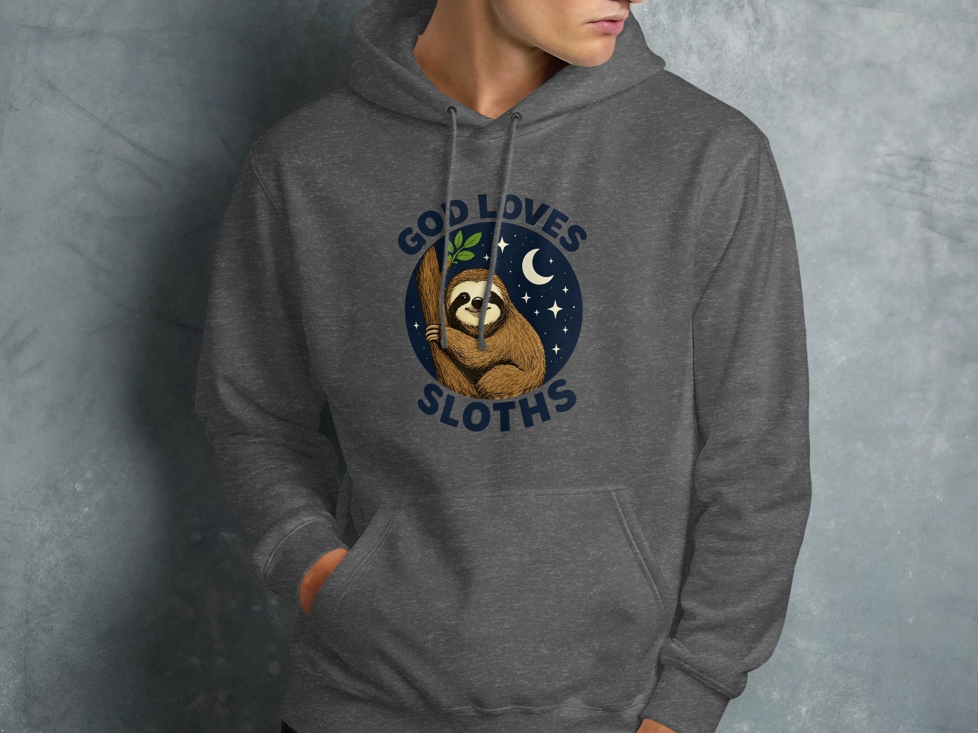 Gray hoodie with a graphic of a sloth hanging from a branch.
