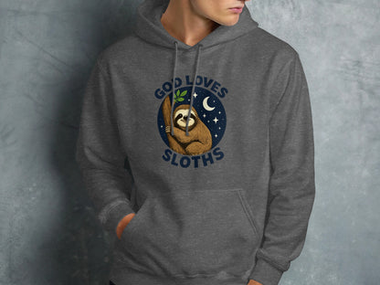 Gray hoodie with a graphic of a sloth hanging from a branch.