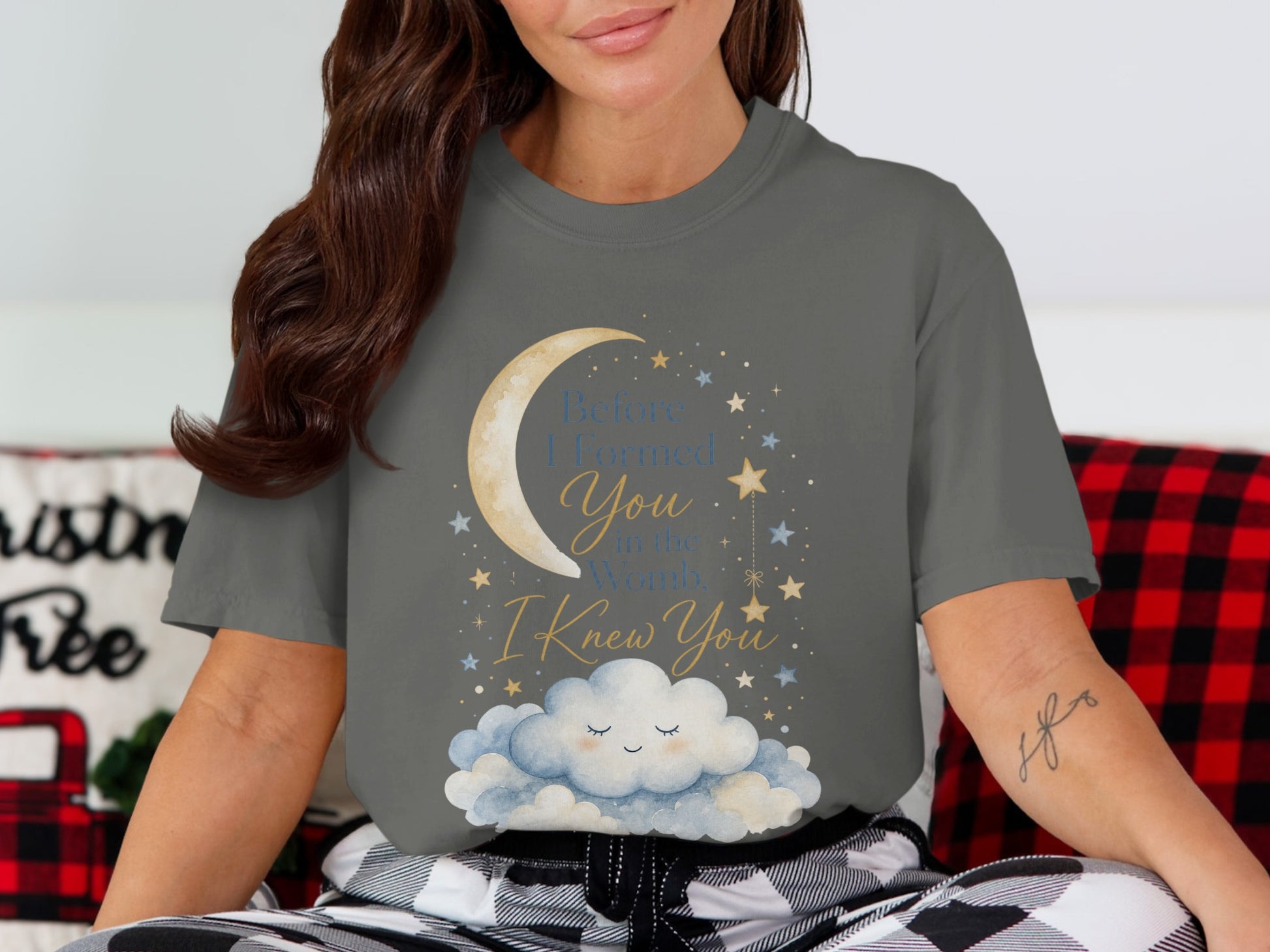 T-shirt with beige moon, stars, and text "Before I Formed You in the Womb, I Knew You".