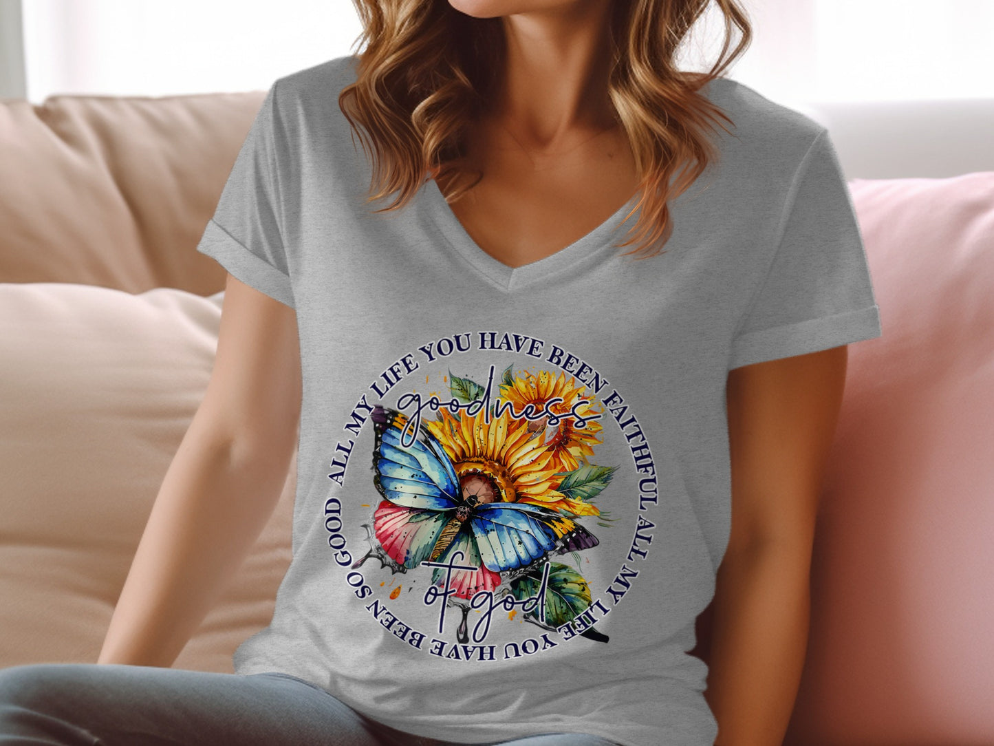 Graphic tee with butterfly, sunflower, and text "ALL MY LIFE YOU HAVE BEEN SO GOOD ALL MY LIFE YOU HAVE BEEN FAITHFUL".