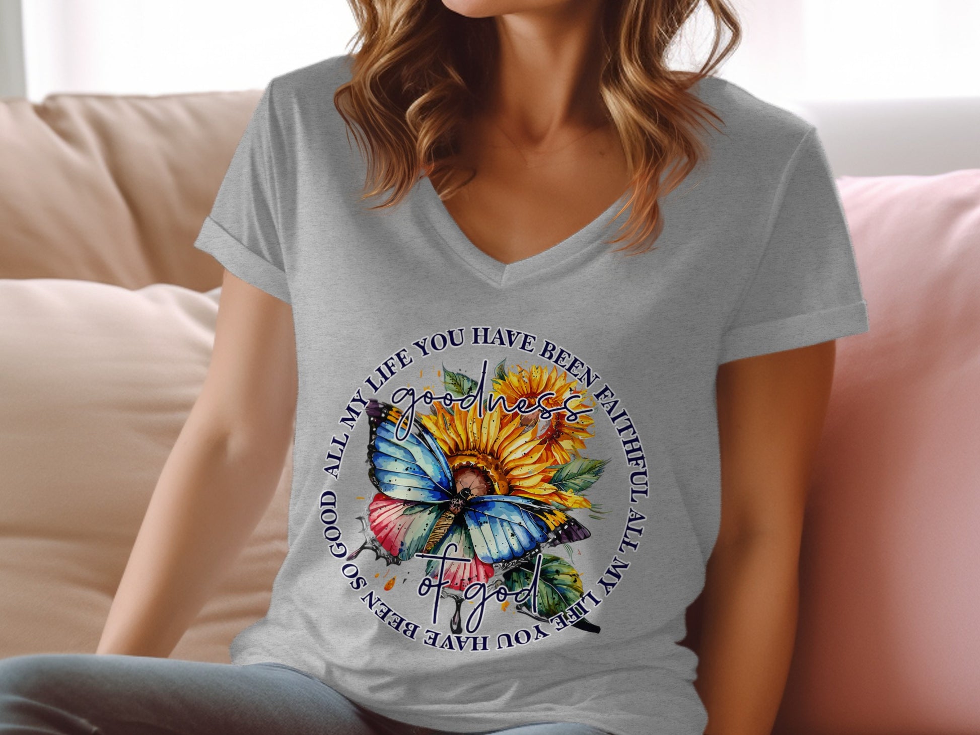 Graphic tee with butterfly, sunflower, and text "ALL MY LIFE YOU HAVE BEEN SO GOOD ALL MY LIFE YOU HAVE BEEN FAITHFUL".