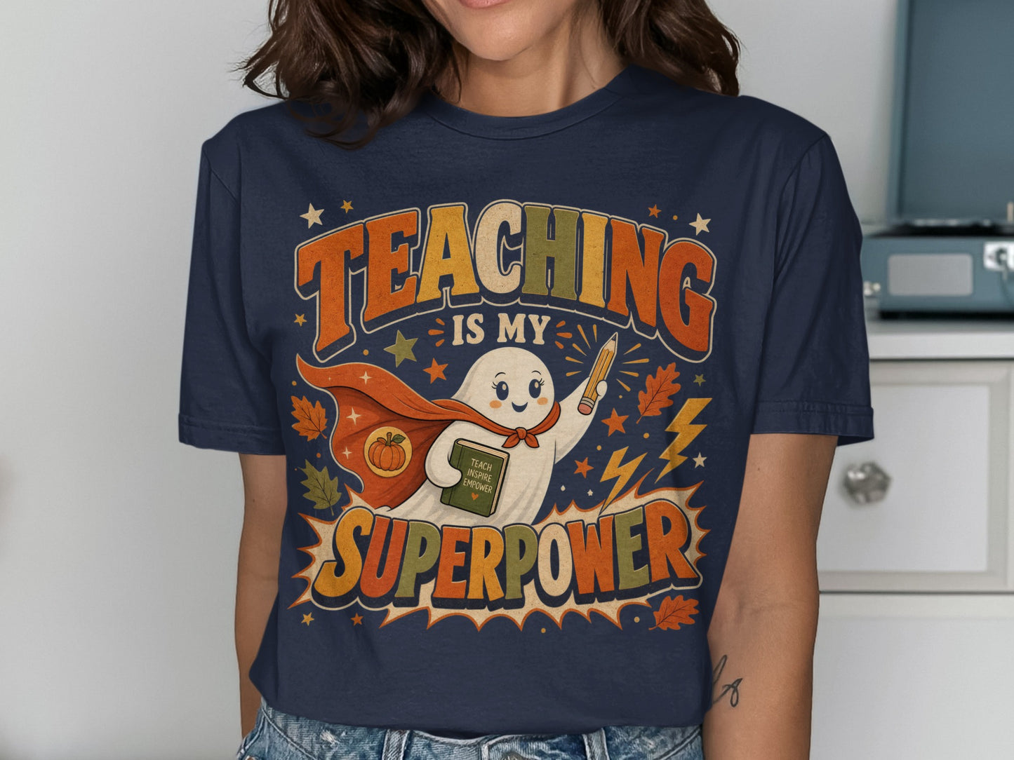 Ghost graphic with cape holding book and pencil, "Teaching is my superpower" text.
