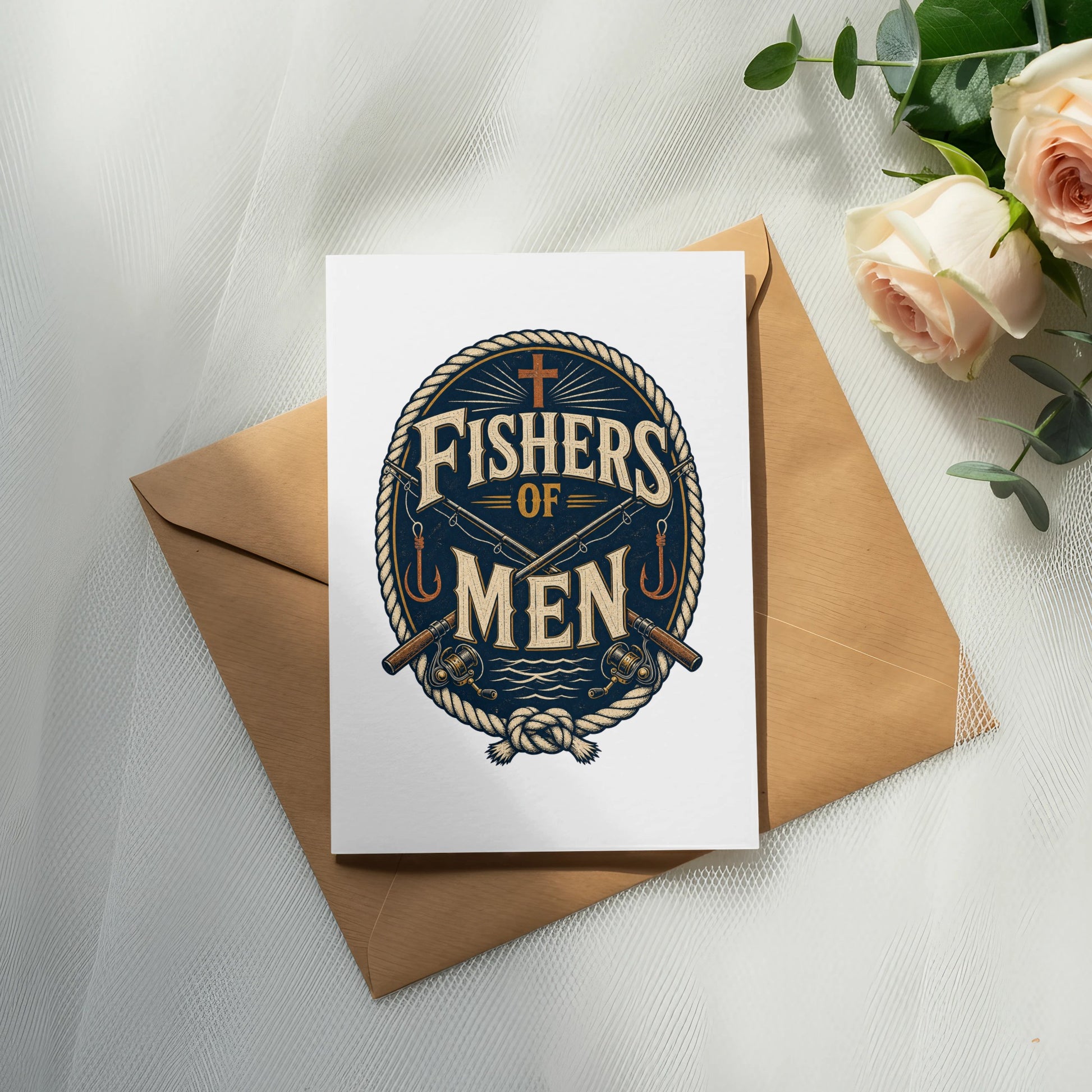 Card with "Fishers of Men" design featuring fishing rods and a cross.