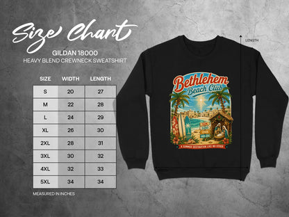 Gildan 18000 sweatshirt size chart with Bethlehem Beach Club graphic.