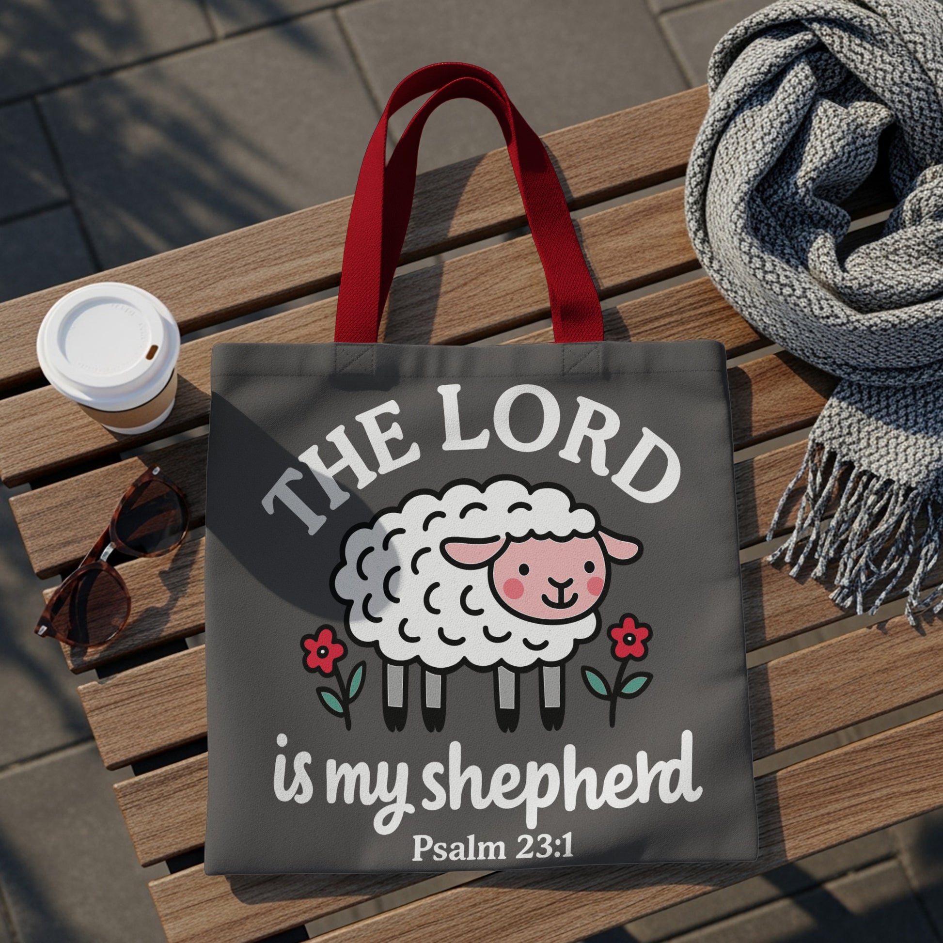 Dark gray tote bag with "The Lord is my shepherd Psalm 23:1" and a sheep graphic.