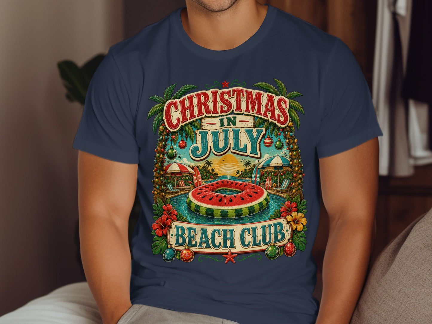 Christmas in July Beach Club design with watermelon pool float.