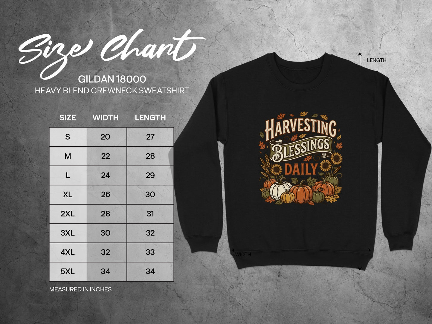 Gildan 18000 sweatshirt size chart with measurements in inches.
