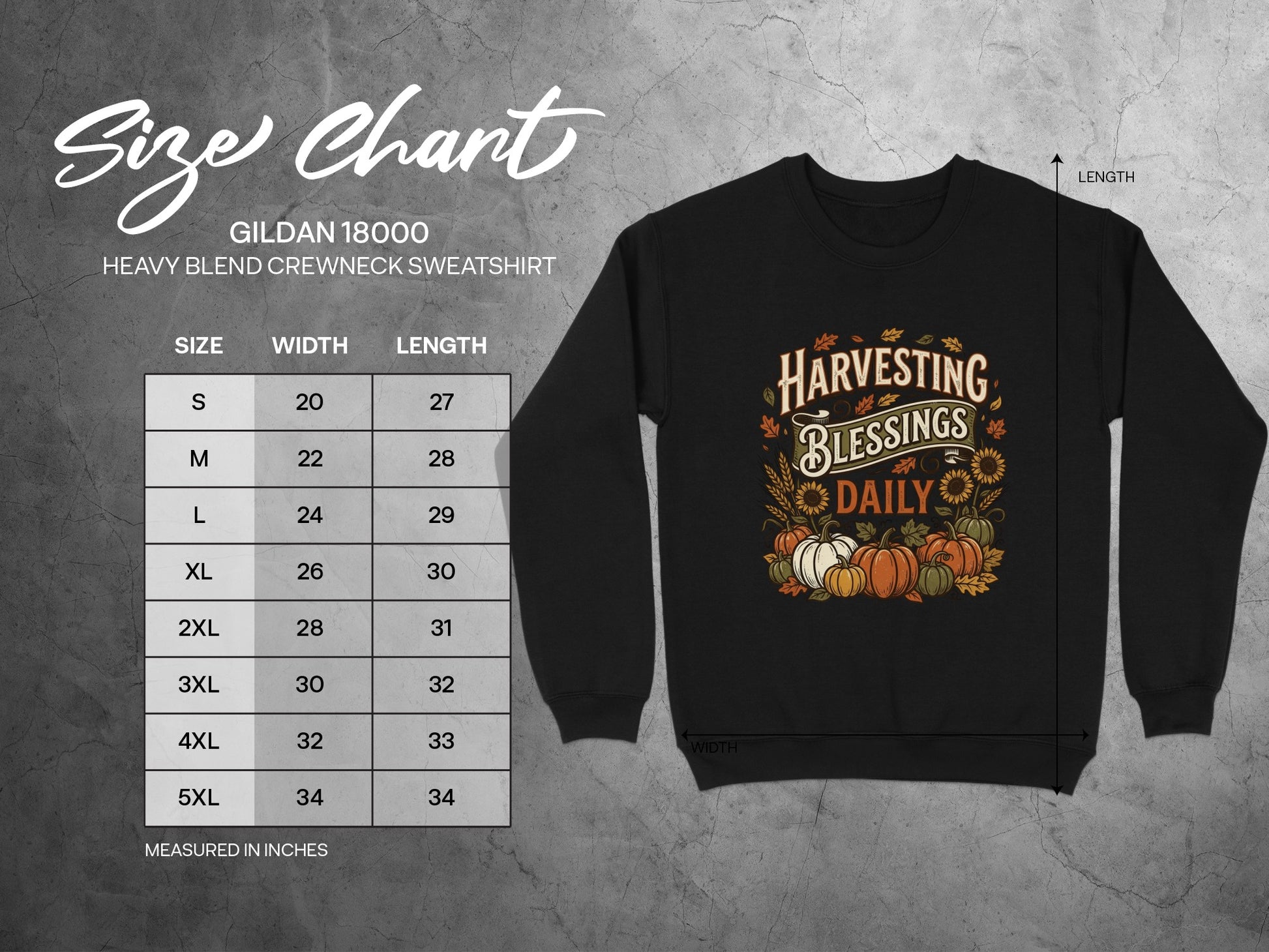 Gildan 18000 sweatshirt size chart with measurements in inches.