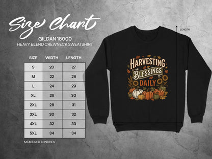 Gildan 18000 sweatshirt size chart with measurements in inches.