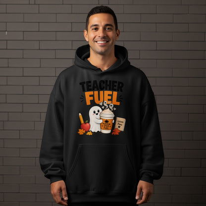 Black hoodie with "Teacher Fuel" text, ghost, coffee cup, and school supplies graphic.