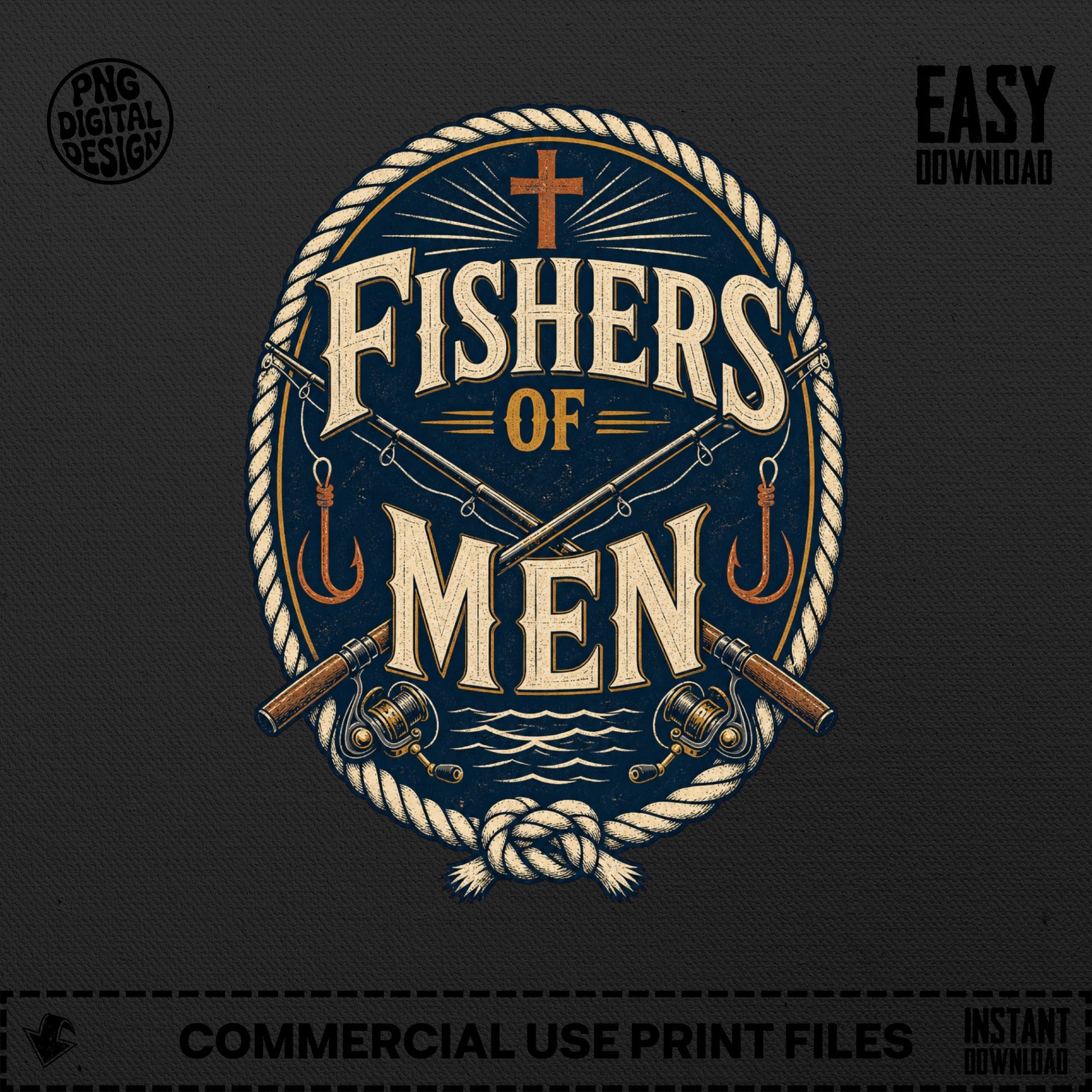 Fishers of Men logo with fishing rods, hooks, reels, and waves.