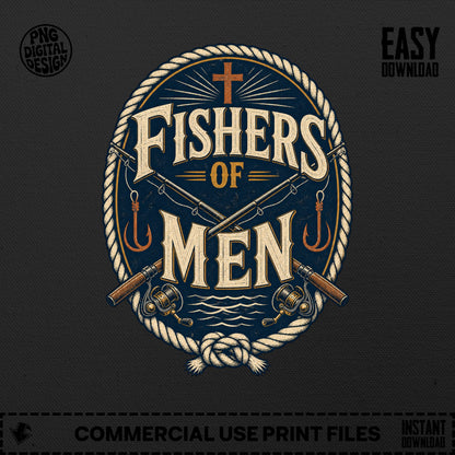 Fishers of Men logo with fishing rods, hooks, reels, and waves.