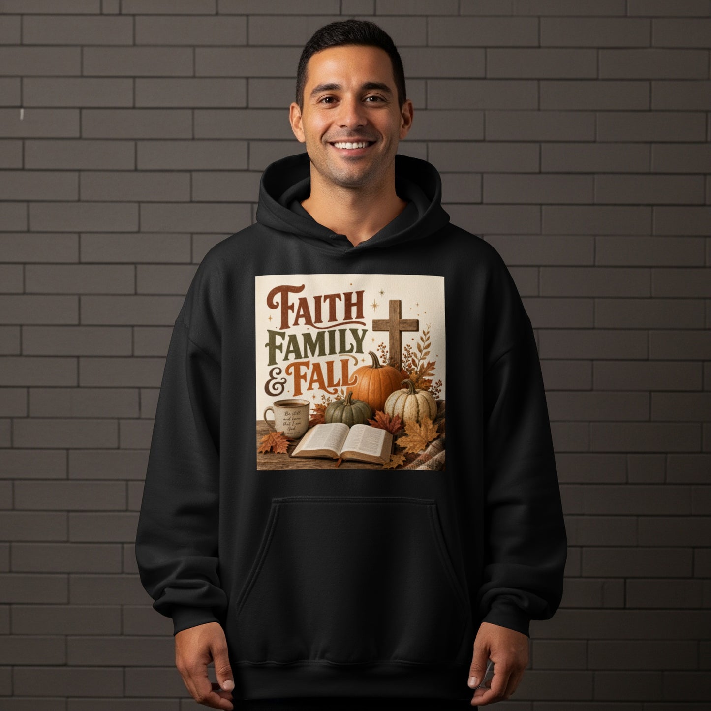 Black hoodie with "Faith Family & Fall" graphic featuring pumpkins and a cross.