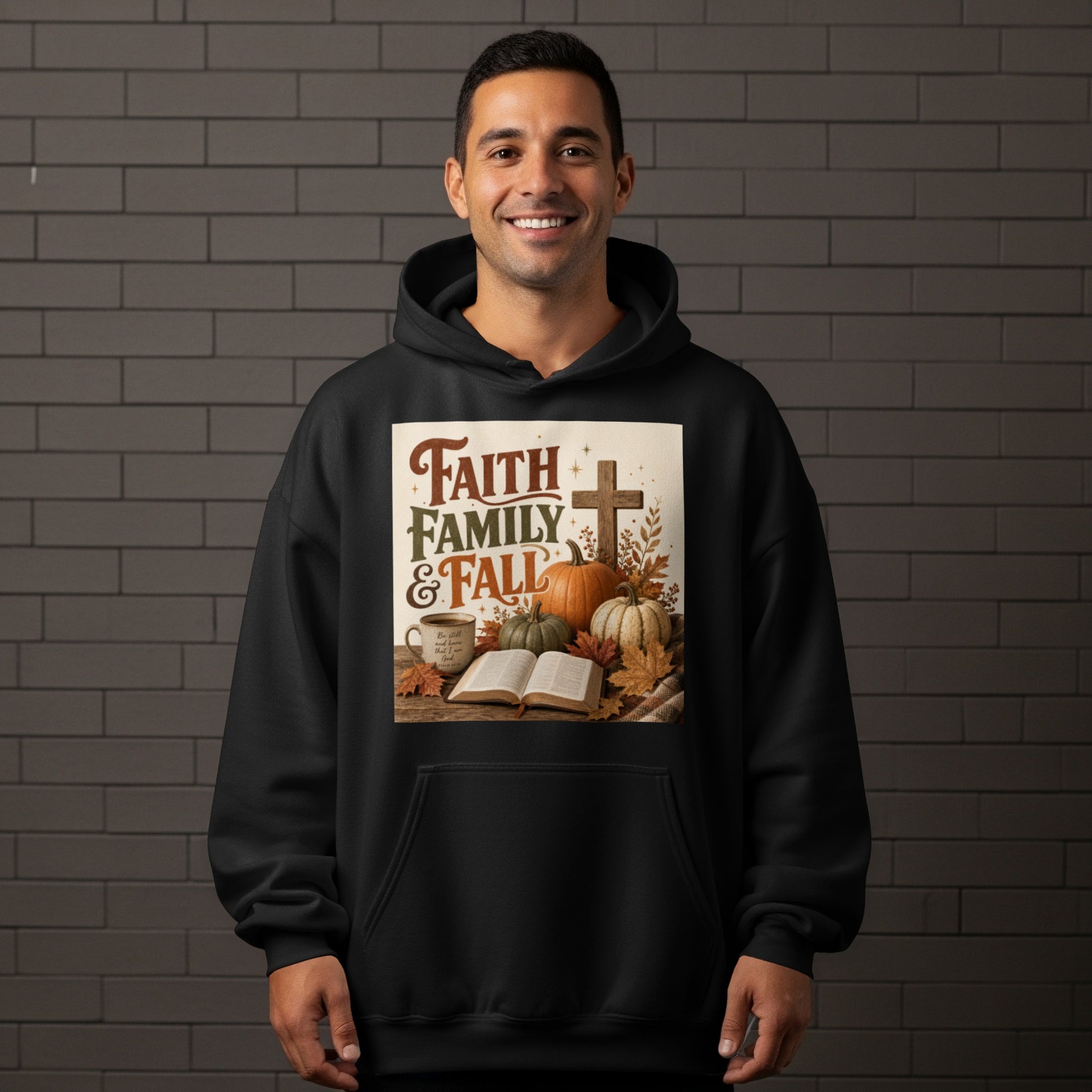 Black hoodie with "Faith Family & Fall" graphic featuring pumpkins and a cross.
