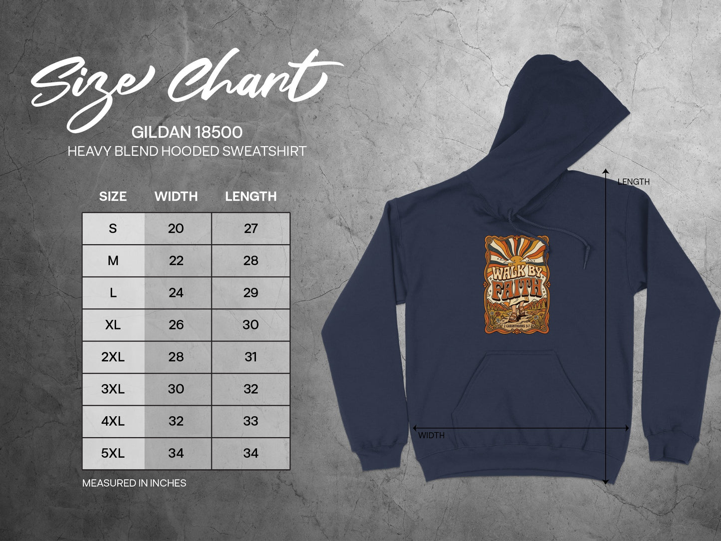 Gildan 18500 hoodie size chart with measurements and graphic.